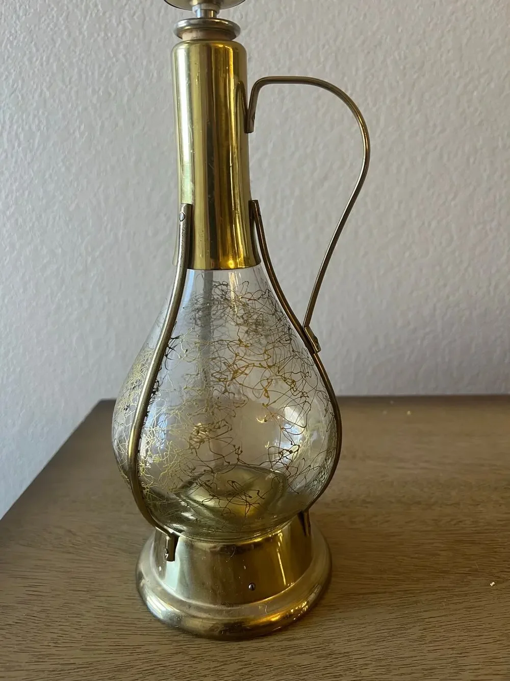 Vintage Japan Musical Glass & Brass Decanter Crackle Glass MCM Style Barware 11